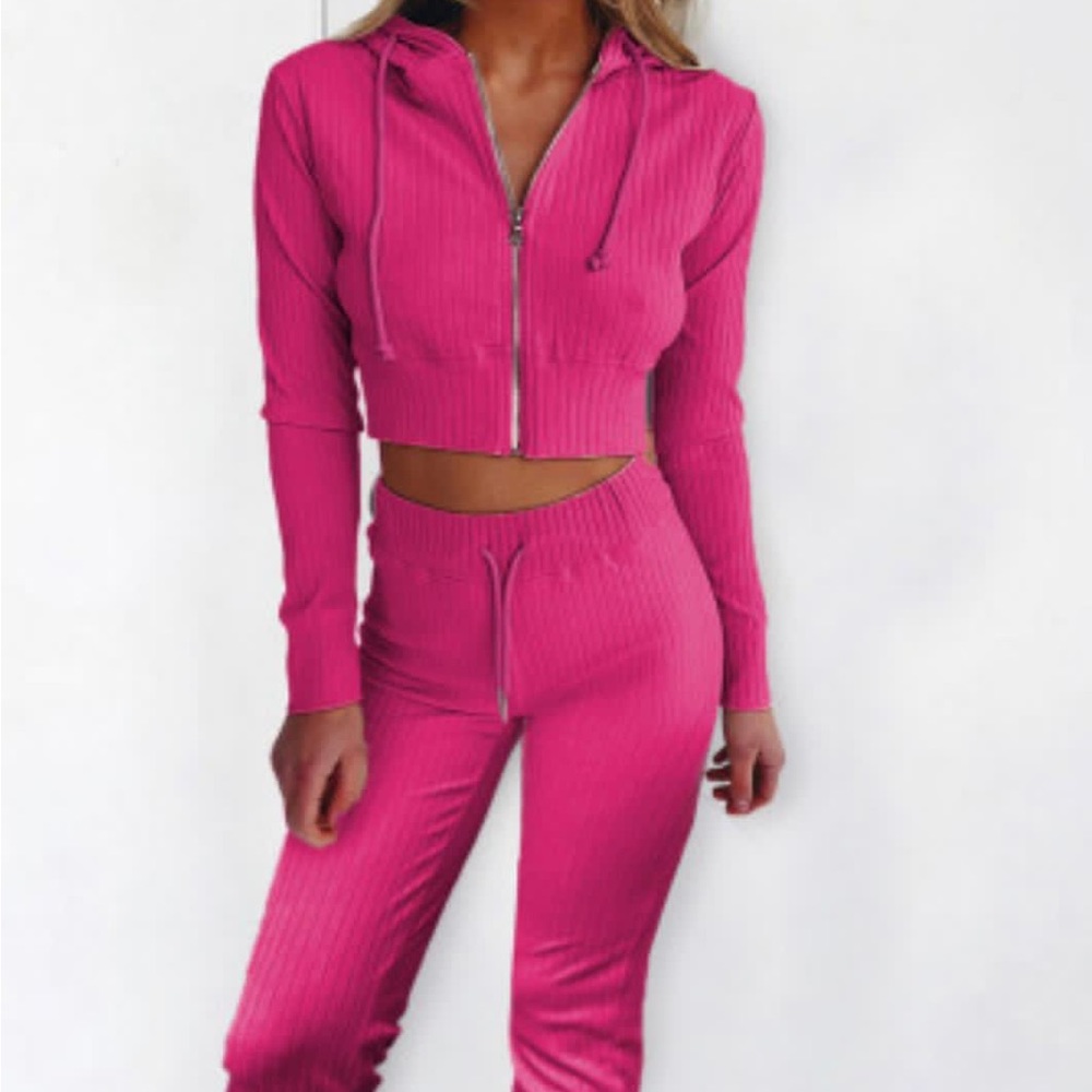 Pin ribbed knit cropped hoodie and jogger two piece set size Large